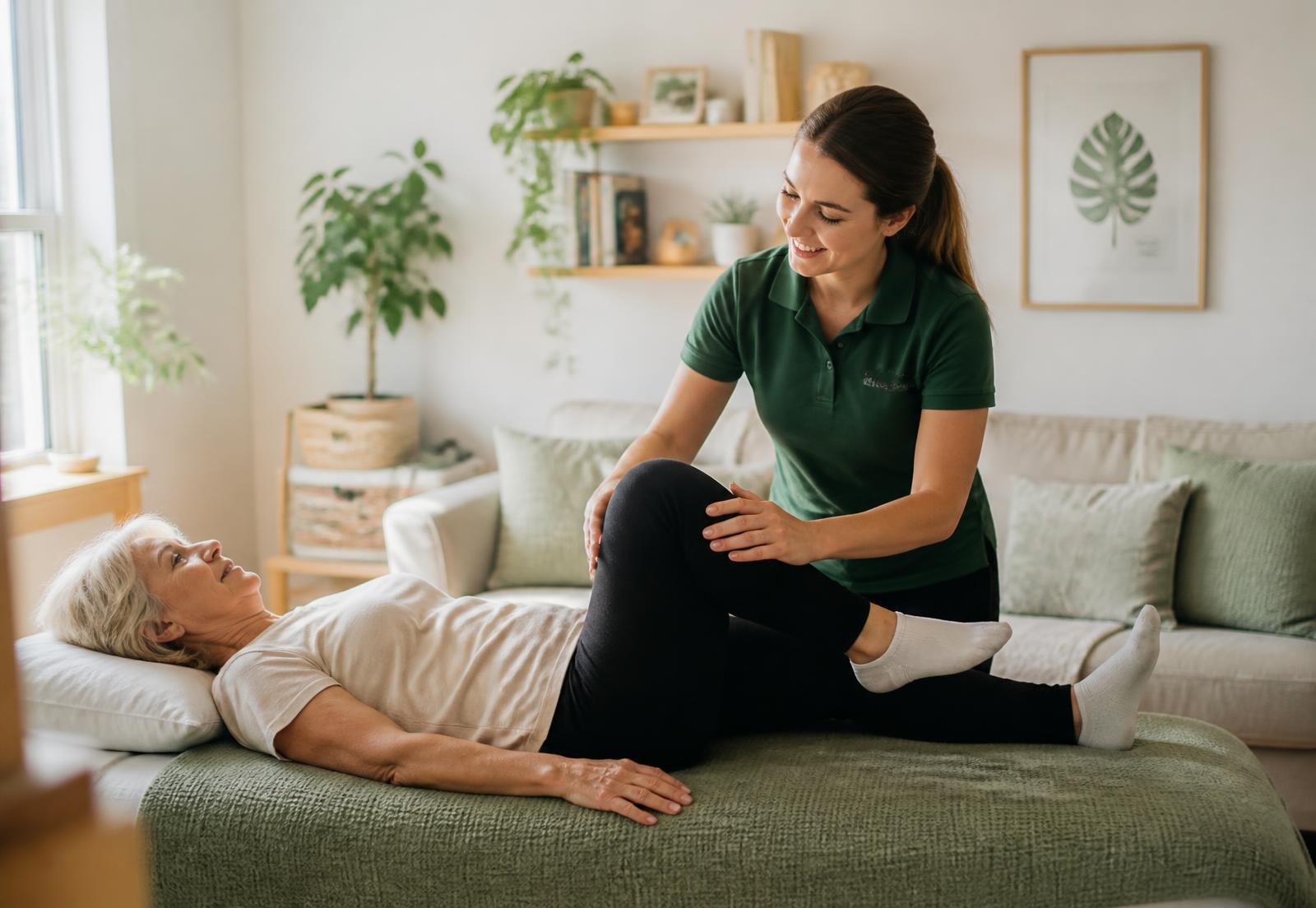 Fisioterapeuta atendendo paciente em ambiente residencial com luz natural